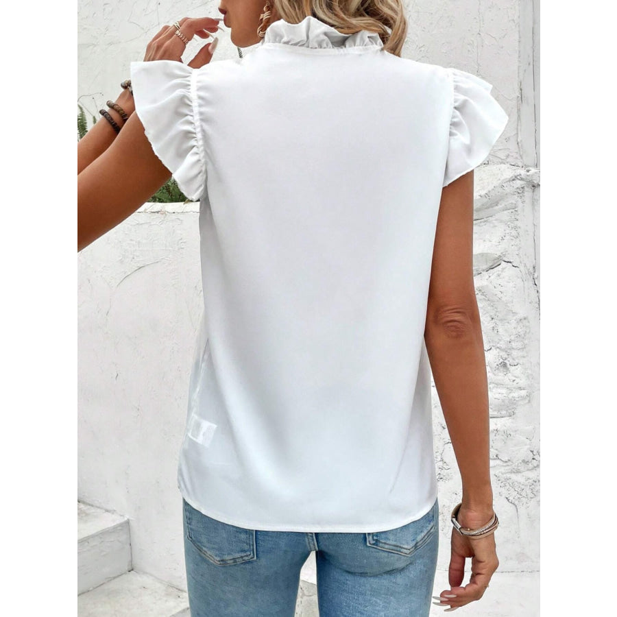 Ruffled V - Neck Cap Sleeve Blouse Apparel and Accessories