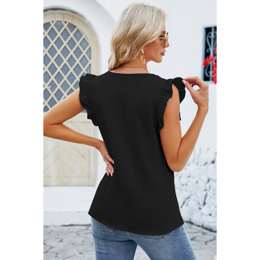 Ruffled V - Neck Cap Sleeve Blouse Apparel and Accessories