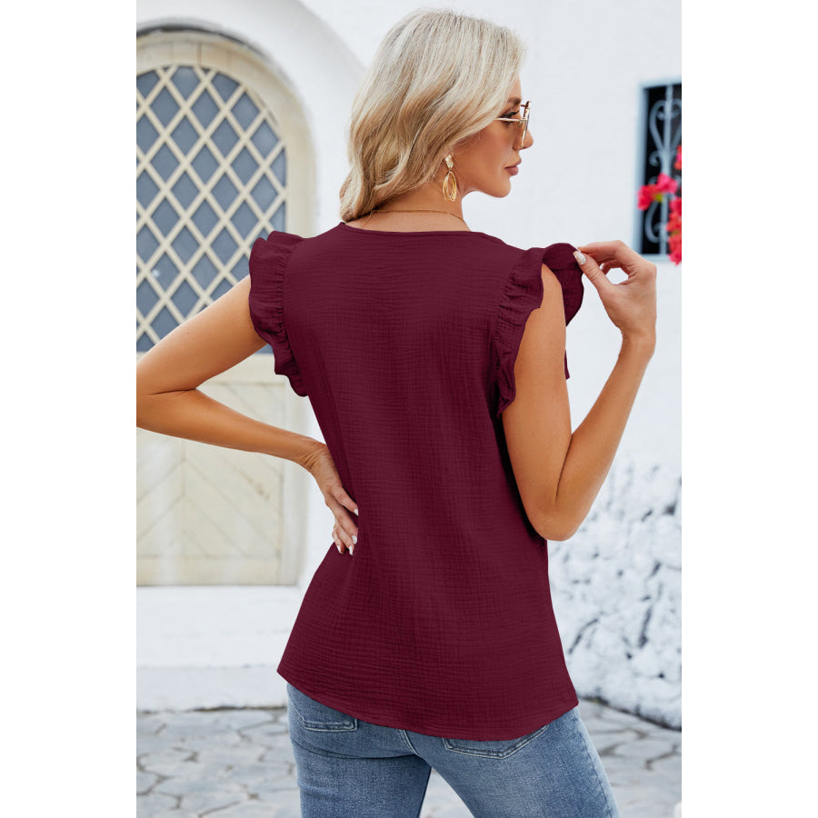 Ruffled V - Neck Cap Sleeve Blouse Apparel and Accessories