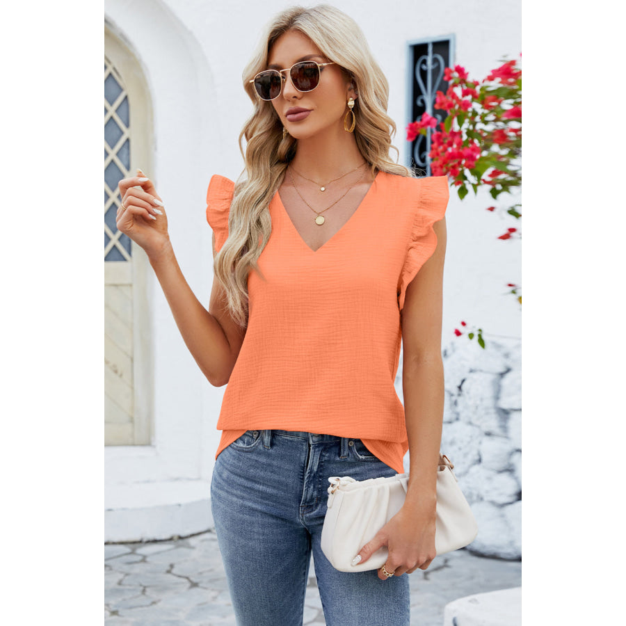 Ruffled V - Neck Cap Sleeve Blouse Apparel and Accessories