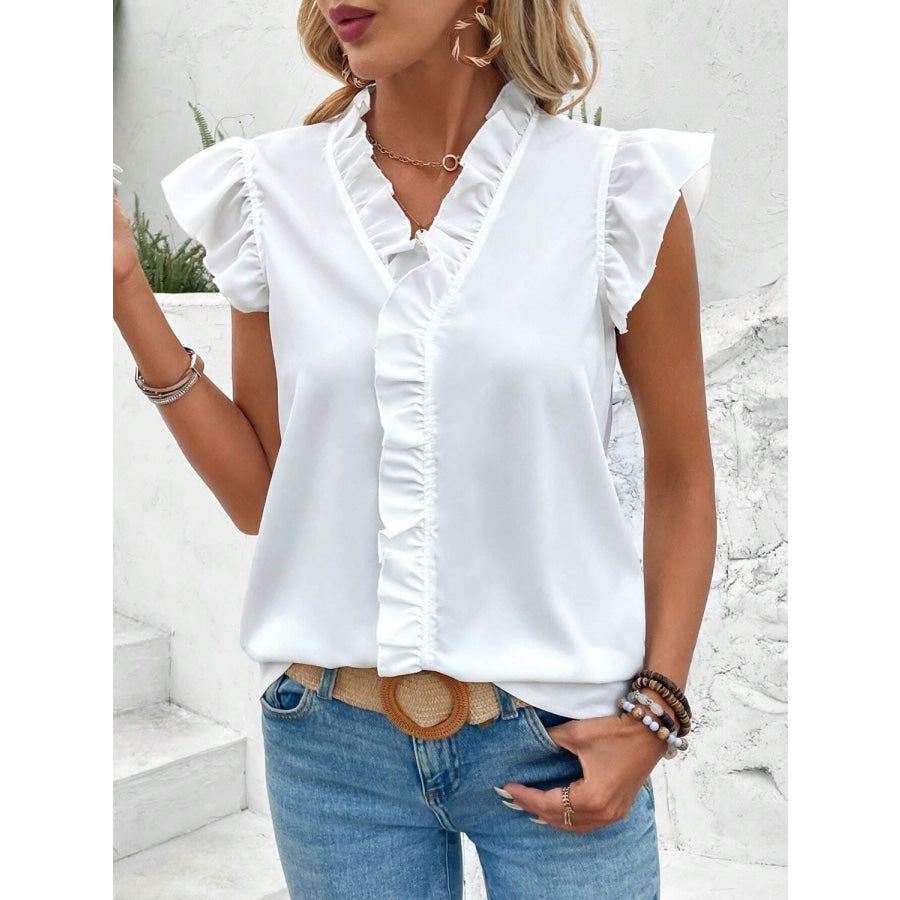 Ruffled V - Neck Cap Sleeve Blouse Apparel and Accessories