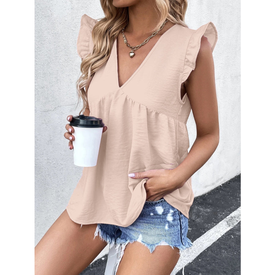 Ruffled V - Neck Cap Sleeve Blouse Apparel and Accessories