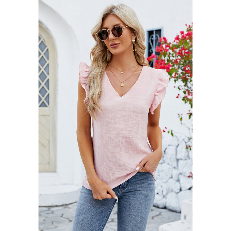 Ruffled V - Neck Cap Sleeve Blouse Apparel and Accessories