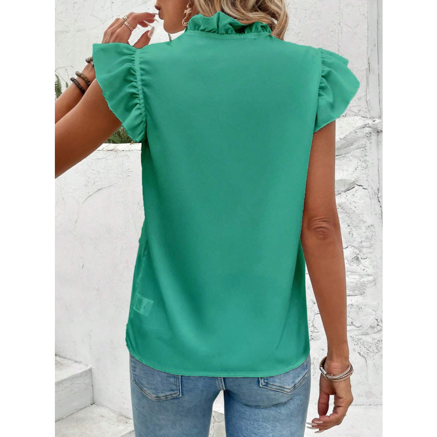 Ruffled V - Neck Cap Sleeve Blouse Apparel and Accessories