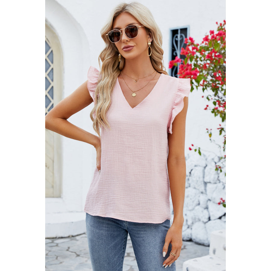 Ruffled V - Neck Cap Sleeve Blouse Apparel and Accessories