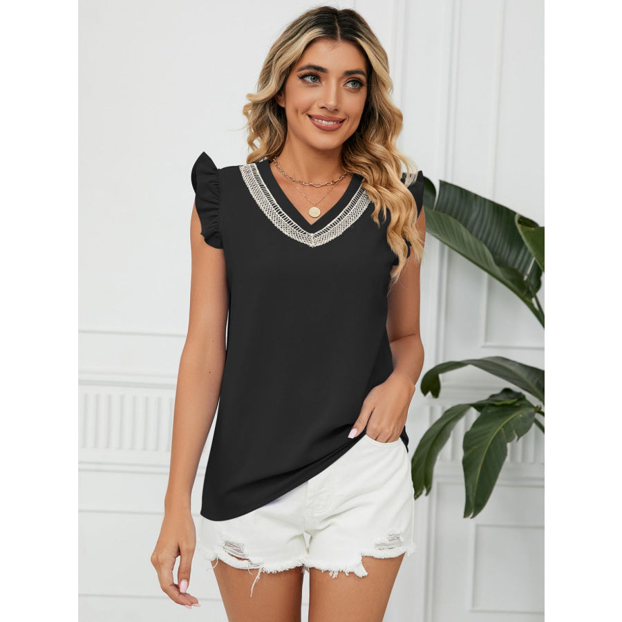 Ruffled V-Neck Cap Sleeve Blouse Apparel and Accessories