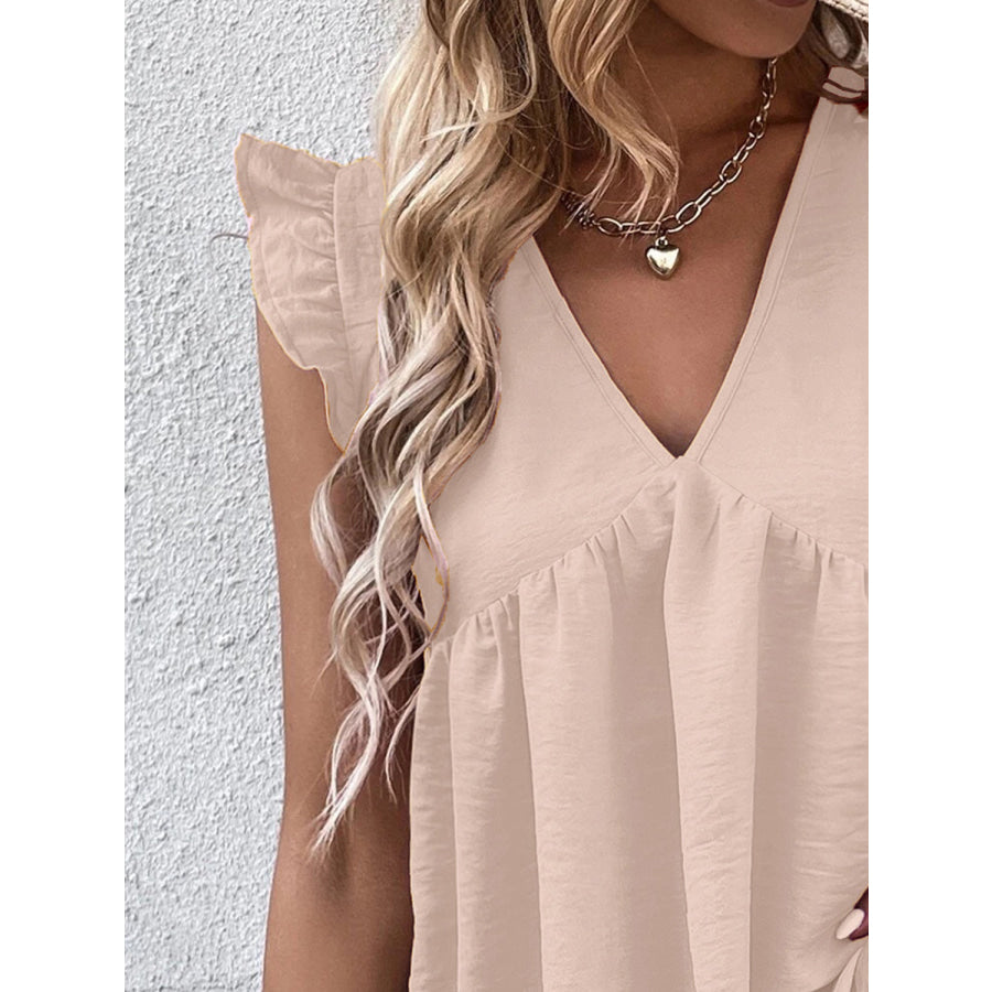 Ruffled V - Neck Cap Sleeve Blouse Apparel and Accessories