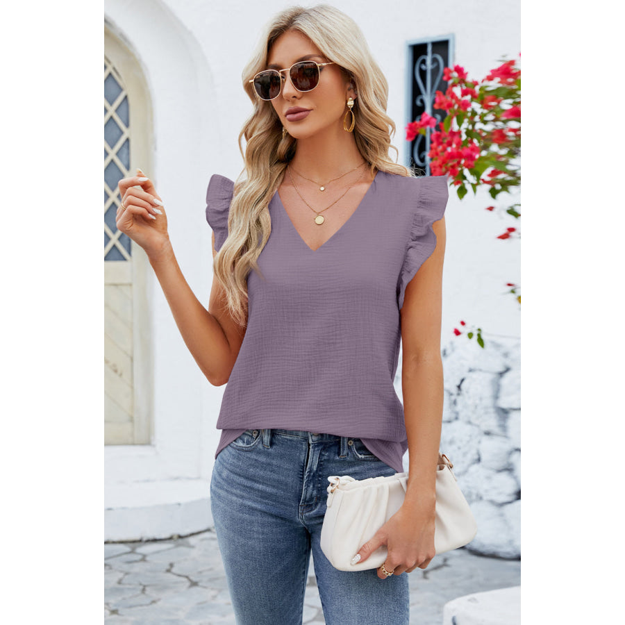 Ruffled V - Neck Cap Sleeve Blouse Apparel and Accessories