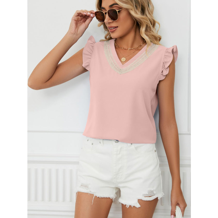 Ruffled V-Neck Cap Sleeve Blouse Apparel and Accessories