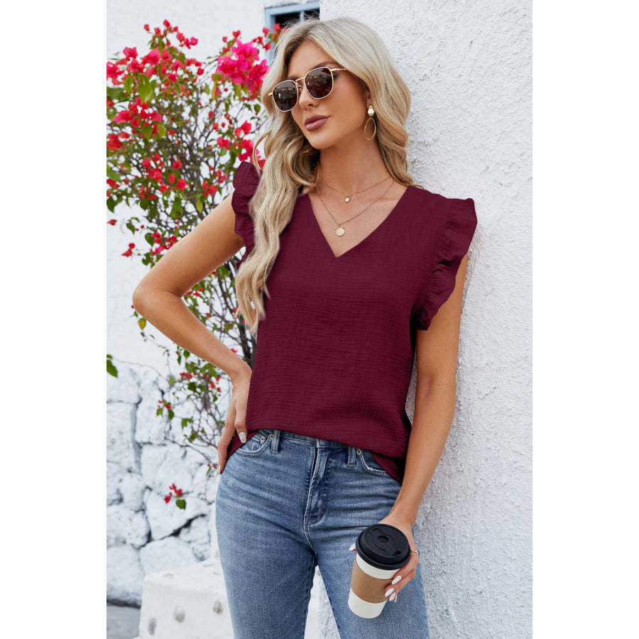 Ruffled V - Neck Cap Sleeve Blouse Apparel and Accessories