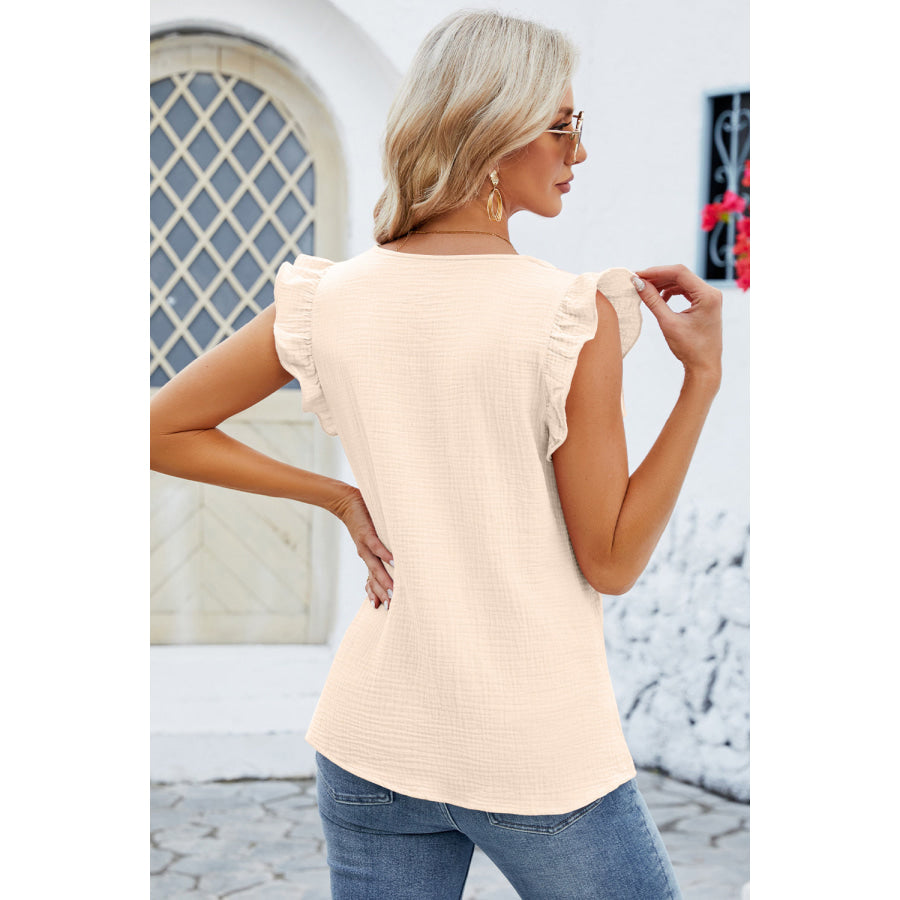 Ruffled V - Neck Cap Sleeve Blouse Apparel and Accessories