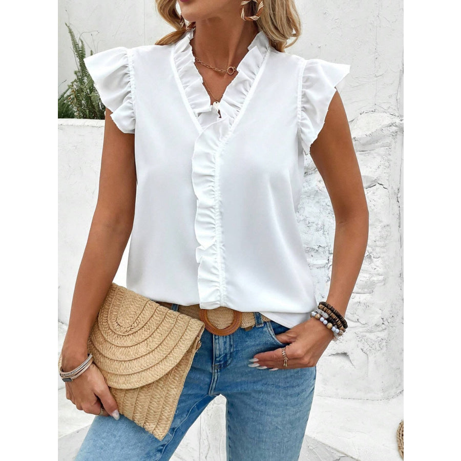 Ruffled V - Neck Cap Sleeve Blouse Apparel and Accessories