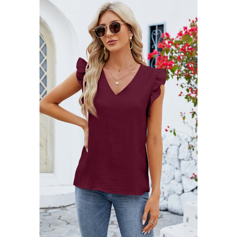 Ruffled V - Neck Cap Sleeve Blouse Apparel and Accessories