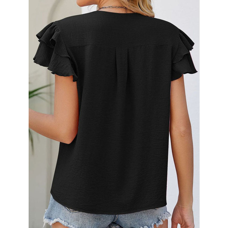 Ruffled V - Neck Cap Sleeve Blouse Apparel and Accessories