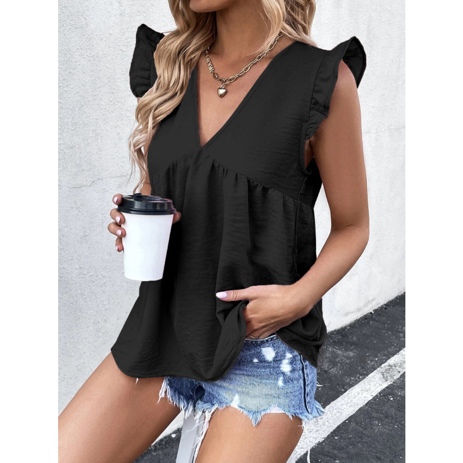 Ruffled V - Neck Cap Sleeve Blouse Apparel and Accessories