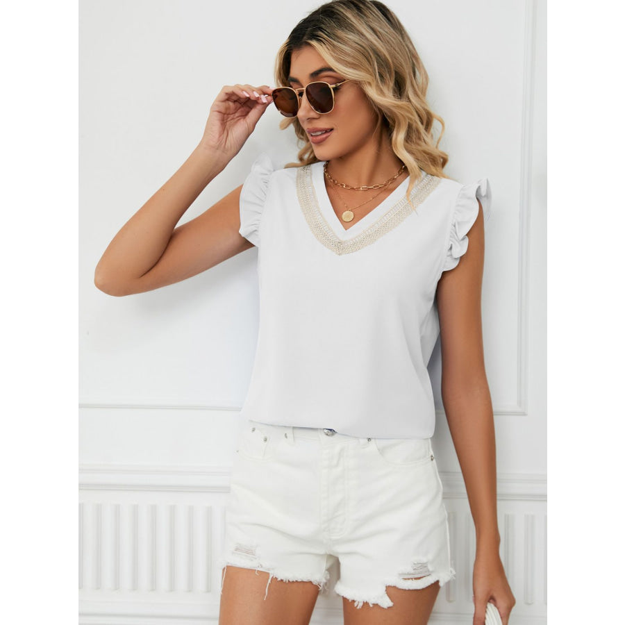 Ruffled V-Neck Cap Sleeve Blouse Apparel and Accessories