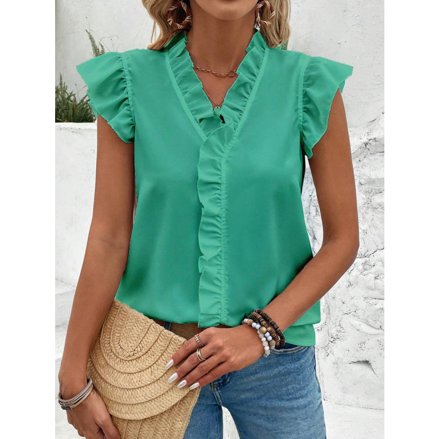 Ruffled V - Neck Cap Sleeve Blouse Apparel and Accessories