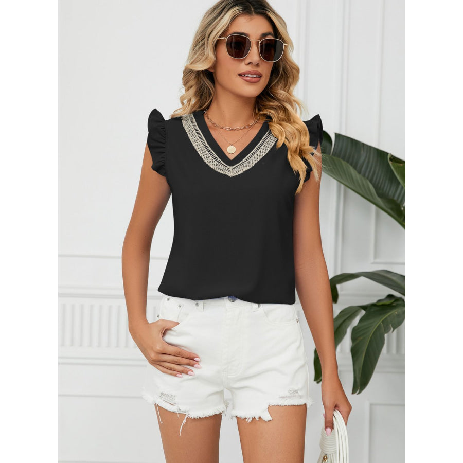 Ruffled V-Neck Cap Sleeve Blouse Apparel and Accessories