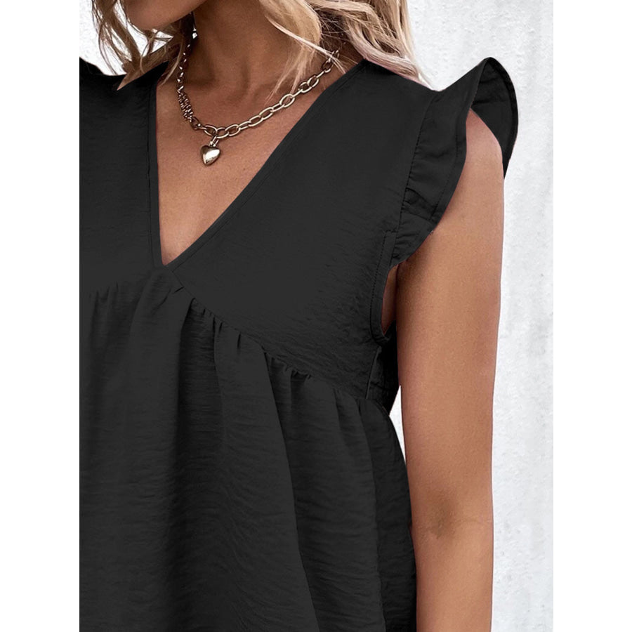 Ruffled V - Neck Cap Sleeve Blouse Apparel and Accessories