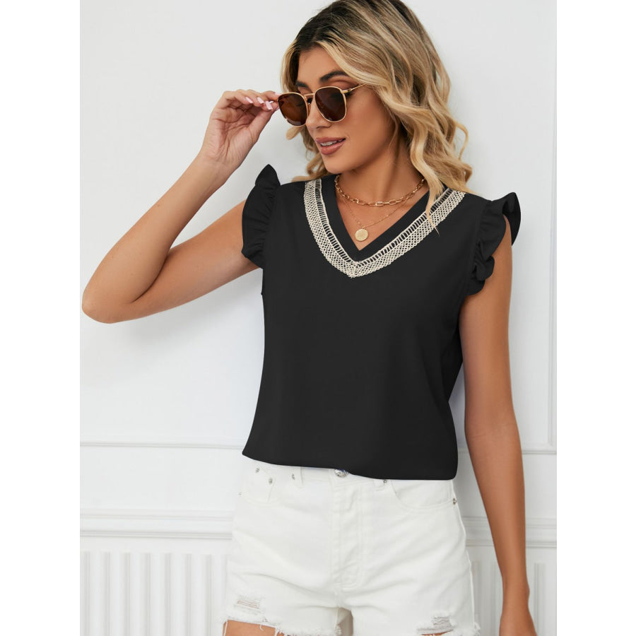 Ruffled V-Neck Cap Sleeve Blouse Apparel and Accessories