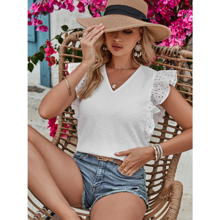 Ruffled V - Neck Cap Sleeve Blouse Apparel and Accessories