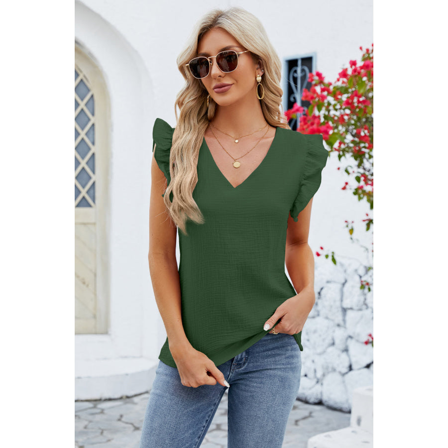 Ruffled V - Neck Cap Sleeve Blouse Apparel and Accessories