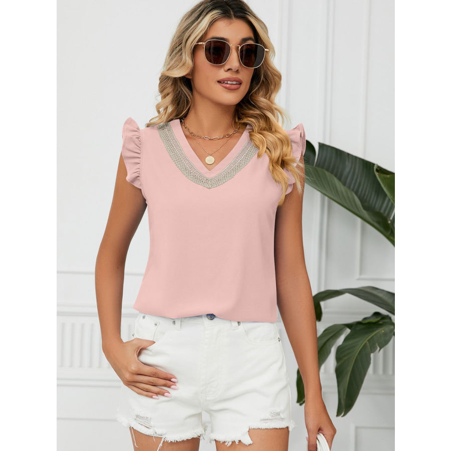 Ruffled V-Neck Cap Sleeve Blouse Apparel and Accessories