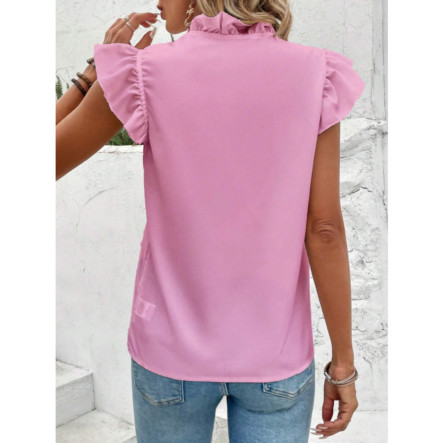 Ruffled V - Neck Cap Sleeve Blouse Apparel and Accessories