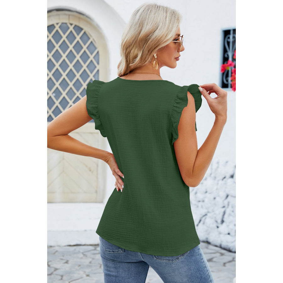 Ruffled V - Neck Cap Sleeve Blouse Apparel and Accessories