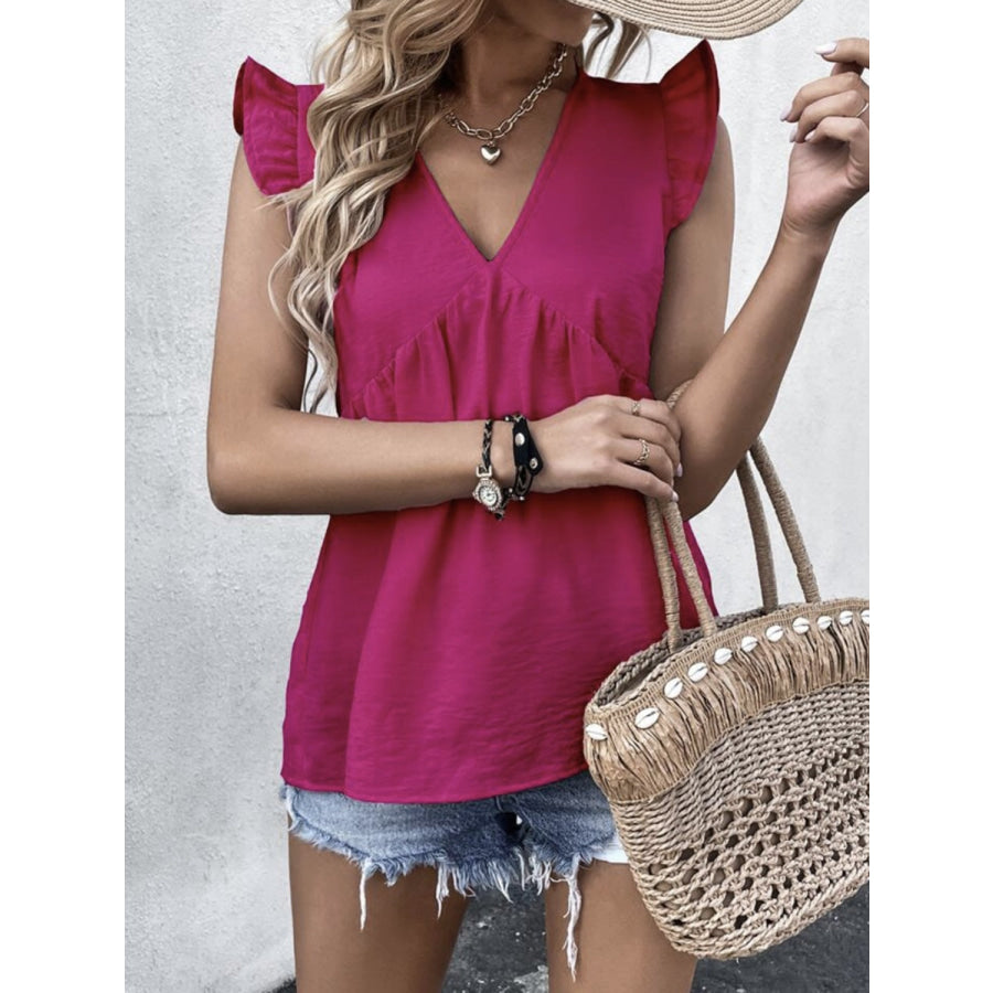 Ruffled V - Neck Cap Sleeve Blouse Apparel and Accessories