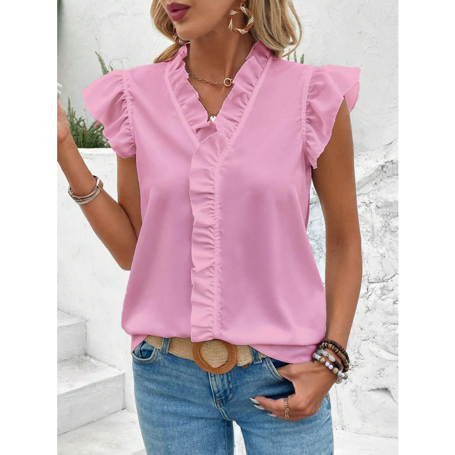 Ruffled V - Neck Cap Sleeve Blouse Apparel and Accessories