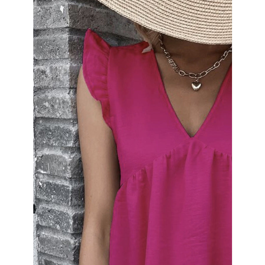 Ruffled V - Neck Cap Sleeve Blouse Apparel and Accessories