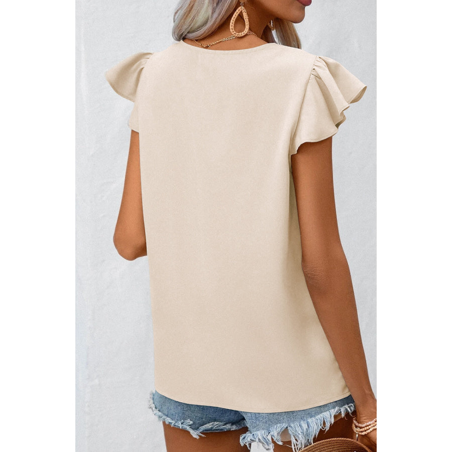 Ruffled V-Neck Cap Sleeve Blouse Apparel and Accessories