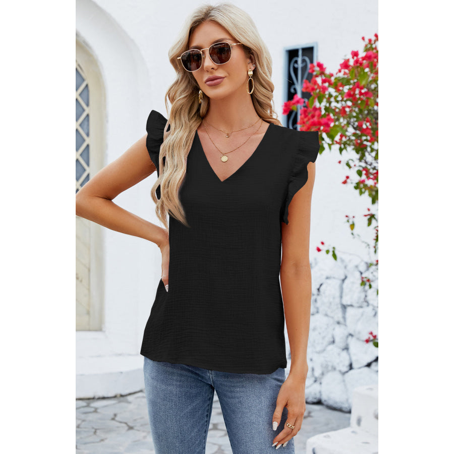 Ruffled V - Neck Cap Sleeve Blouse Apparel and Accessories