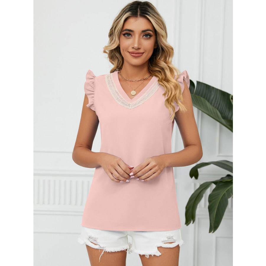 Ruffled V-Neck Cap Sleeve Blouse Apparel and Accessories