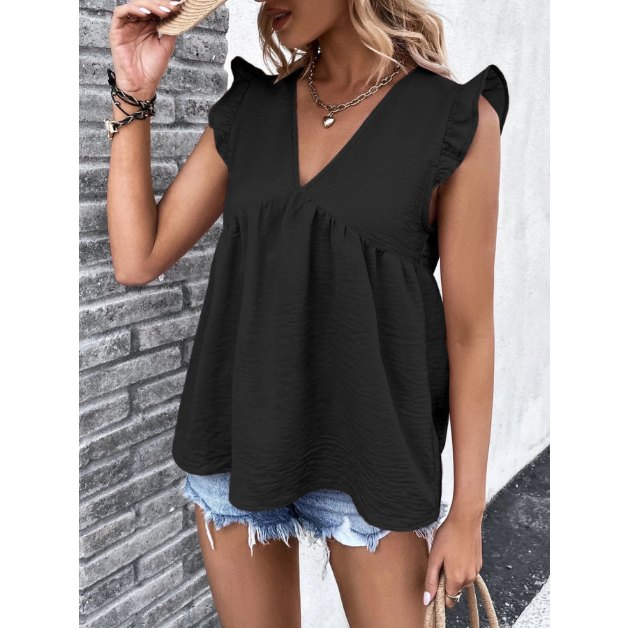 Ruffled V - Neck Cap Sleeve Blouse Black / S Apparel and Accessories