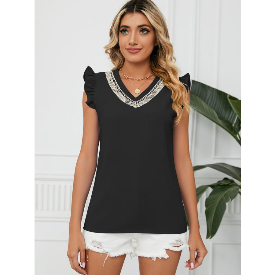 Ruffled V-Neck Cap Sleeve Blouse Black / S Apparel and Accessories