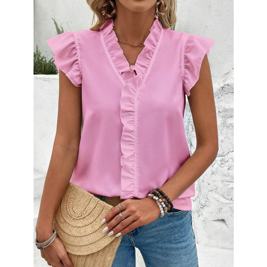 Ruffled V - Neck Cap Sleeve Blouse Carnation Pink / S Apparel and Accessories