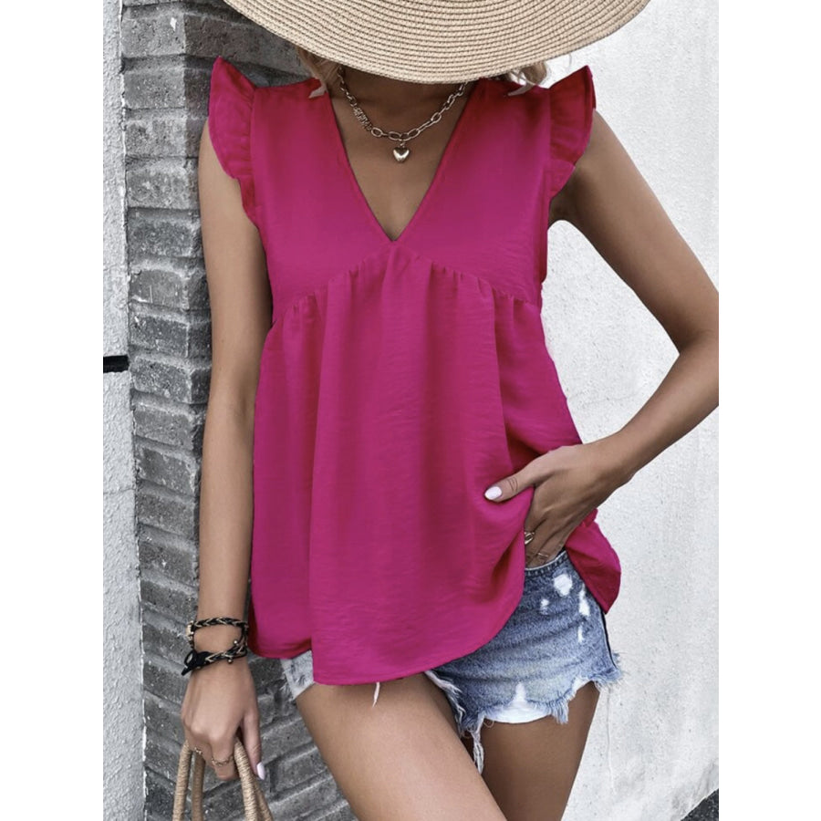 Ruffled V - Neck Cap Sleeve Blouse Deep Rose / S Apparel and Accessories