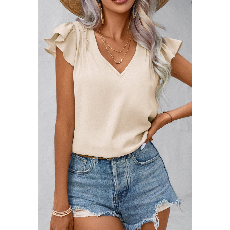 Ruffled V-Neck Cap Sleeve Blouse Dust Storm / S Apparel and Accessories