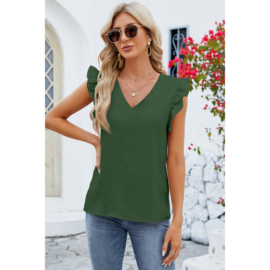 Ruffled V - Neck Cap Sleeve Blouse Green / S Apparel and Accessories