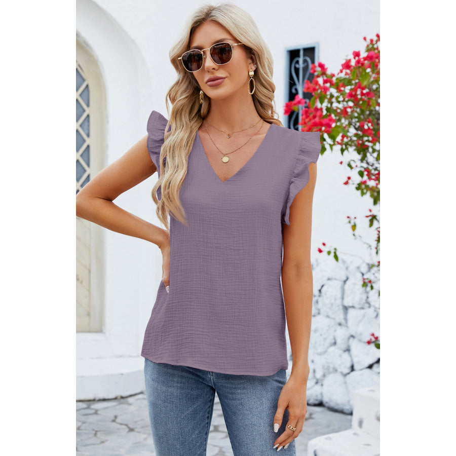 Ruffled V - Neck Cap Sleeve Blouse Lavender / S Apparel and Accessories