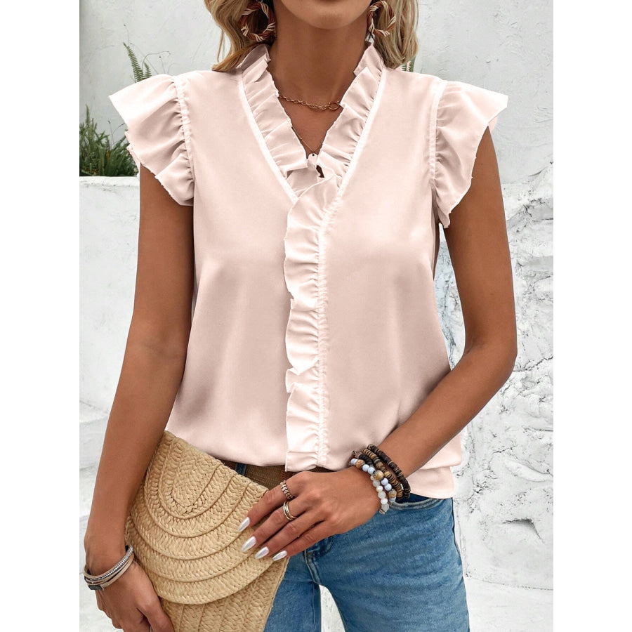 Ruffled V - Neck Cap Sleeve Blouse Light Apricot / S Apparel and Accessories