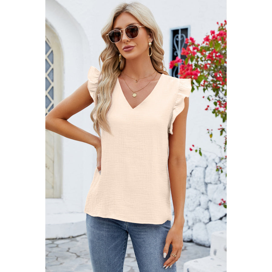 Ruffled V - Neck Cap Sleeve Blouse Pastel Yellow / S Apparel and Accessories