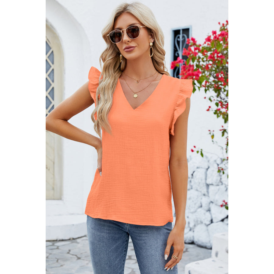 Ruffled V - Neck Cap Sleeve Blouse Tangerine / S Apparel and Accessories