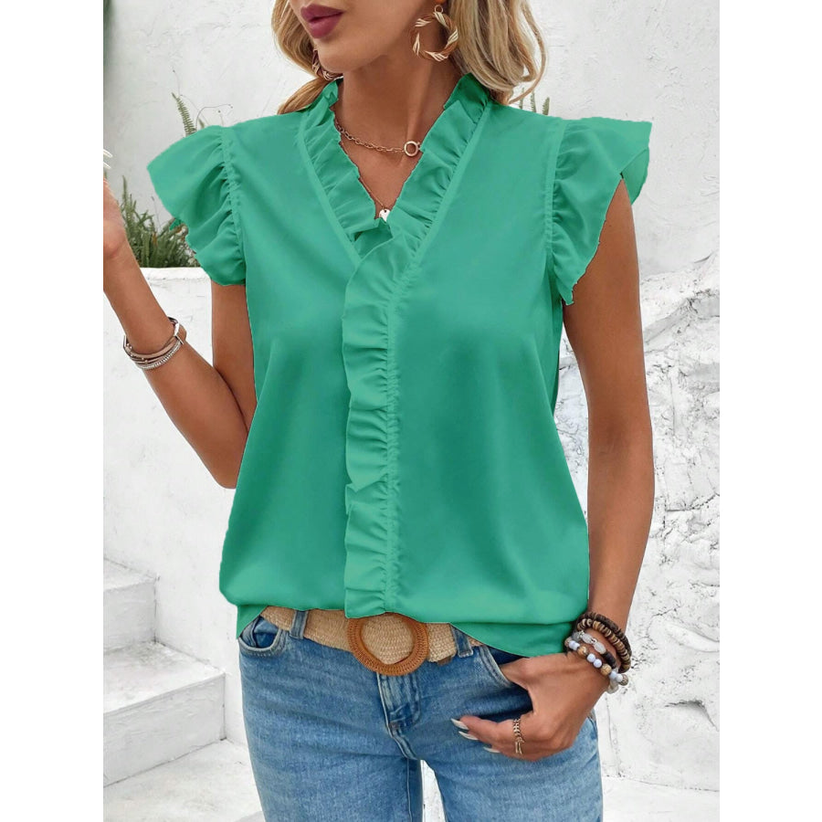 Ruffled V - Neck Cap Sleeve Blouse Teal / S Apparel and Accessories