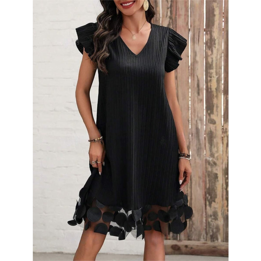 Ruffled V-Neck Cap Sleeve Dress Black / S Apparel and Accessories