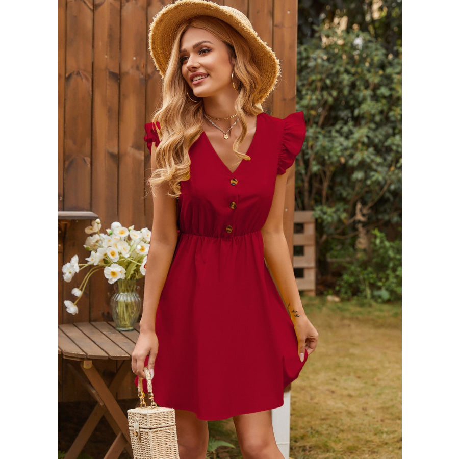 Ruffled V-Neck Cap Sleeve Mini Dress Apparel and Accessories