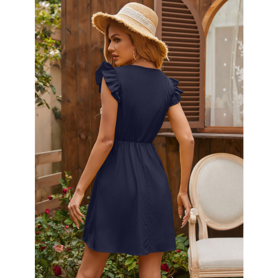 Ruffled V-Neck Cap Sleeve Mini Dress Apparel and Accessories