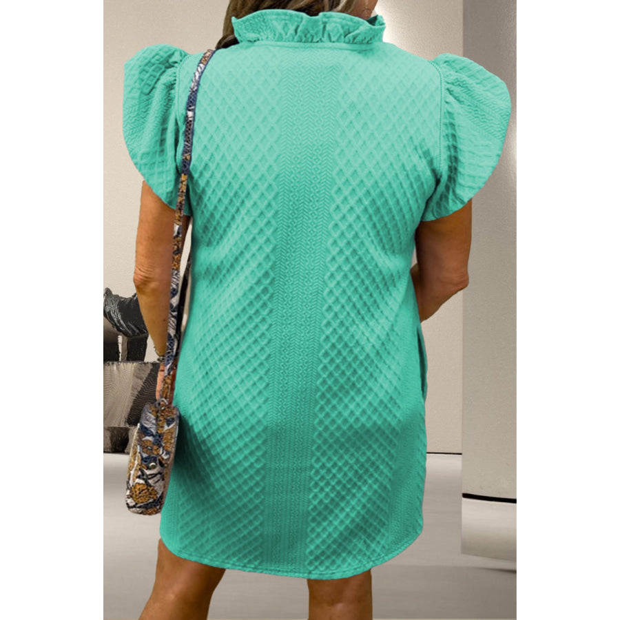 Ruffled V - Neck Cap Sleeve Mini Dress Teal / S Apparel and Accessories